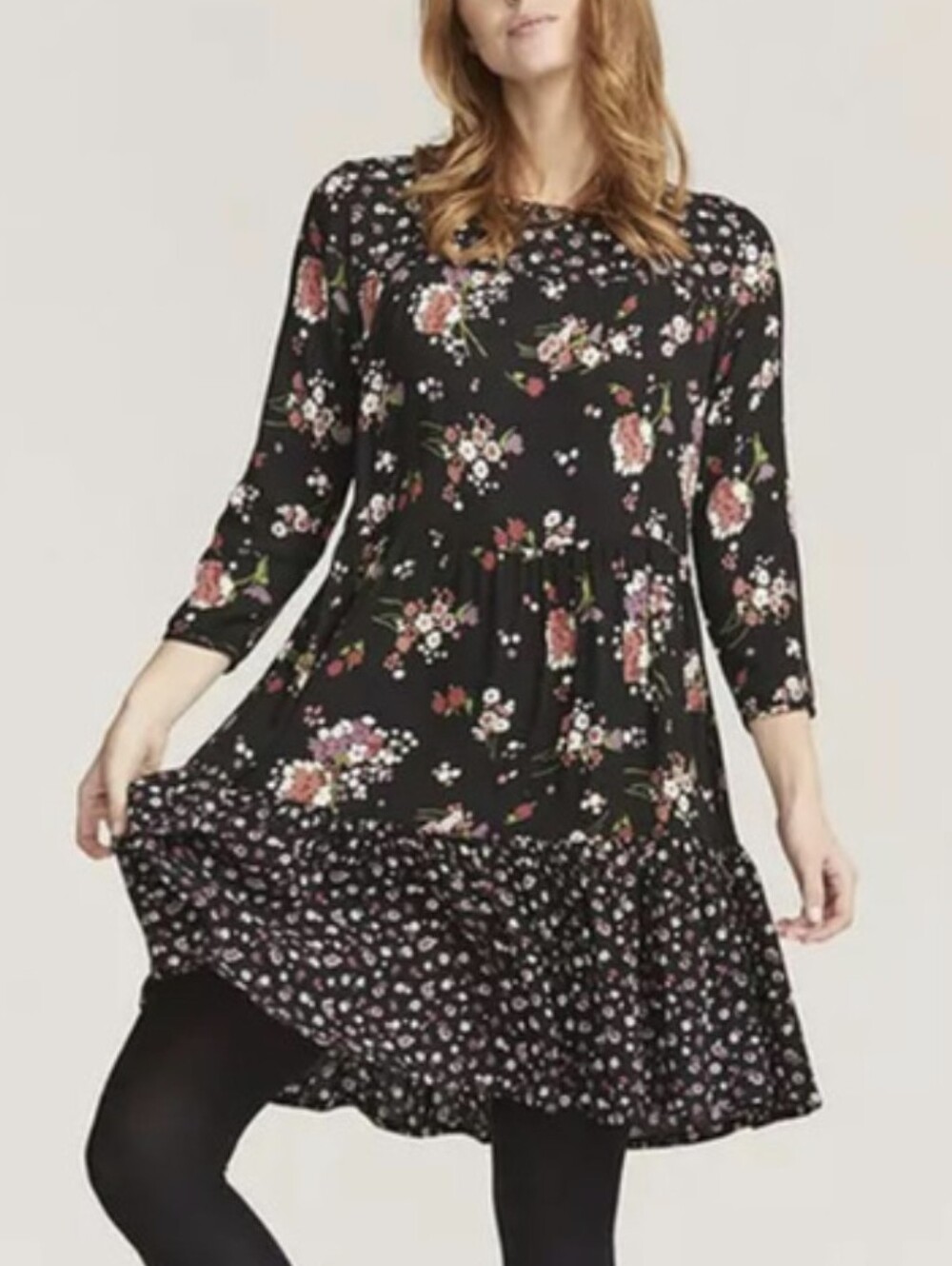 Fat Face Black With Pink Floral Print Short/Midi Dress Long Sleeve Large